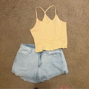 Yellow Striped Women's Tank Top and light blue jean shorts